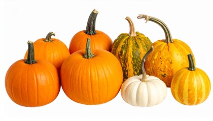 Obraz premium Assorted pumpkins and gourds in varied colors, shapes, and textures on white background for editorial autumn photography harvest decor design and poetic diversity-themed visuals