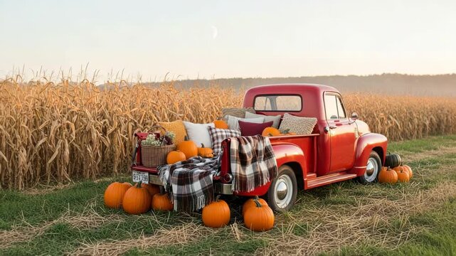 Vintage red truck filled with pumpkins and autumn decor