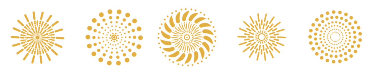 collection of golden radial designs on a transparent background - vector illustration.