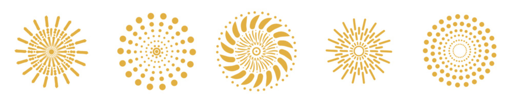 collection of golden radial designs on a transparent background - vector illustration.