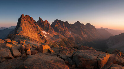 Jagged mountain peaks bathed in golden sunrise light, rugged alpine landscape