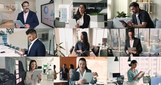Professionals from various industries interact online using tablets, collage view