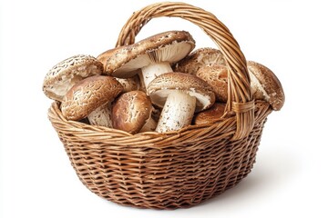 Basket of shiitake mushrooms, isolated on a white background.