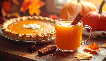 Autumn-themed setting with glass cup of cider or pumpkin tea, cinnamon sticks, pumpkin pies, and seasonal decor for editorial festive photography Thanksgiving beverage and dessert design and poetic wa