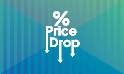Stylised vector illustration featuring the words "Price Drop" with a downward-pointing arrow. Modern, flat style with a vibrant green background, suitable for promotions