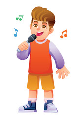 Young boy standing and singing passionately into a microphone with musical notes around him. Vector cartoon character illustration