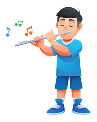 Young boy playing the flute with his eyes closed and musical notes floating around. Vector cartoon character illustration © YG Studio