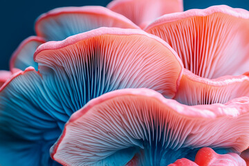 Close-up of pink and blue oyster mushrooms.