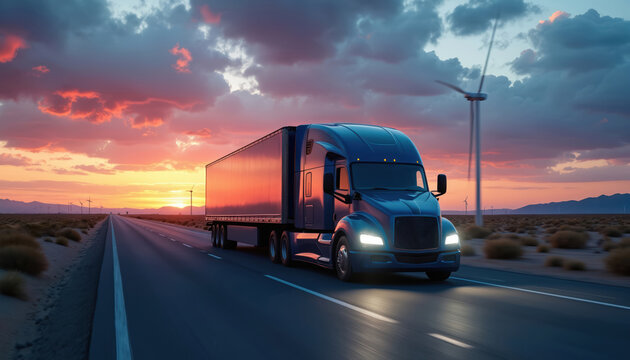 Blue semi truck drives on highway at sunset. Cargo trailer reflects dramatic clouds and colorful sky. Wind turbines stand in desert landscape. - Powered by Adobe