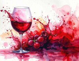 Glass of red wine with splash and grapes illustration