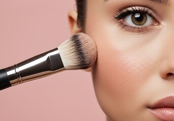 Makeup brush applying blush on a womans face against a pink background