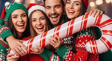 Four young adults friends laughing, holding an inflatable candy cane, and wearing festive Christmas sweaters and hats for holiday celebration.