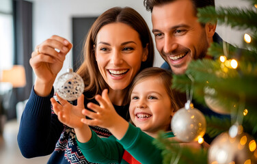 Woman and man with a child holding ball and decorating Christmas tree. Family holiday gathering, winter celebration. Happy festive season concept.