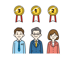 業績・評価ランクのメダルと、経営者と従業員の上半身ベクターイラスト素材セット＿カラー