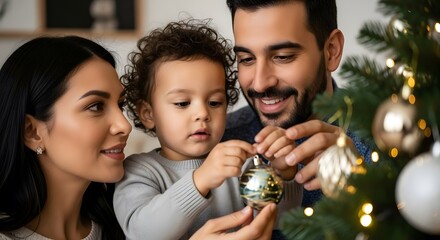 Man, woman, and child decorating Christmas tree together. Family celebrating winter holiday while arranging ornament on a festive fir branch.