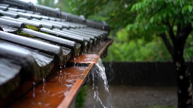 Rain falling on a traditional Japanese roof and flowing into a copper gutter. Close-up of a downpour on wet tiles with a green garden background. Rainy day weather concept