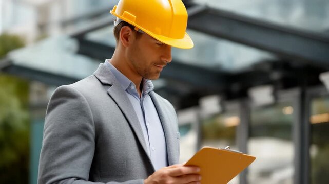 Caucasian male architect reviewing plans on clipboard at construction site