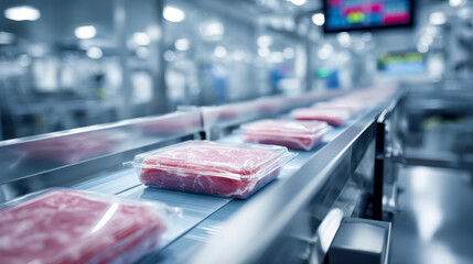 Packaged fresh meat pieces moving on an automated conveyor belt inside a modern food processing and packaging factory with blurred background machinery