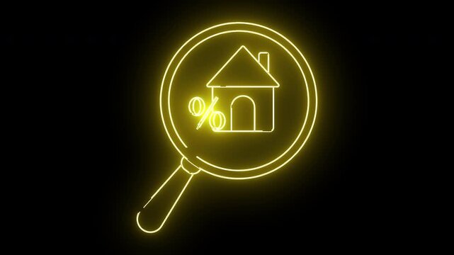Glowing yellow neon icon of a house with a percentage inside a magnifying glass on a black background