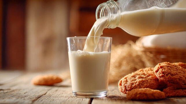 Fresh creamy milk being poured into a glass next to a pile of homemade oatmeal cookies on rustic wooden table with natural warm lighting background