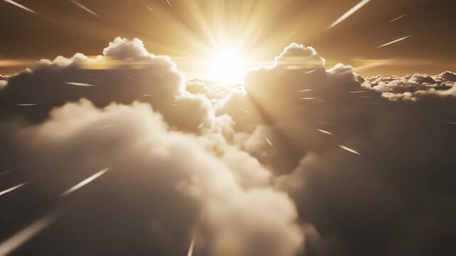 Flying at high speed through heavenly clouds towards a bright golden sun. An animated journey through the sky with radiant light beams. Spiritual concept of ascension and the afterlife