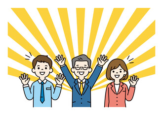 放射線状の背景と、大喜びする社長と男女の社員の上半身ベクターイラスト素材セット＿カラー