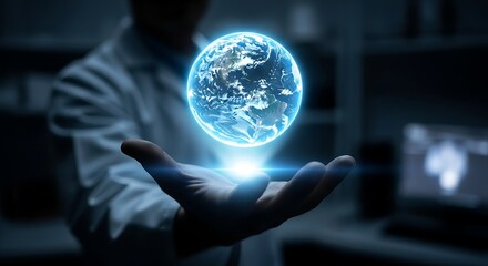 A scientist holds a glowing digital earth globe, symbolizing innovation and global technology