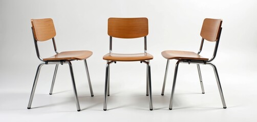 Three wooden chairs with metal legs stand on a white background. Their simple, modern design suits educational or office spaces. Furniture composition includes two side chairs and one center chair.