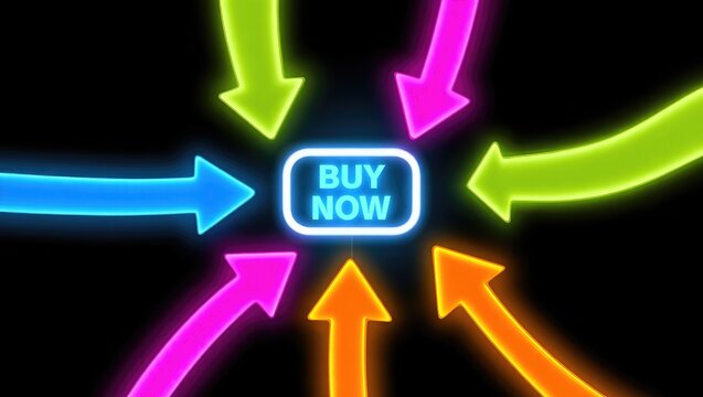 Colorful Neon Arrows Pointing to a Blue Buy Now Button