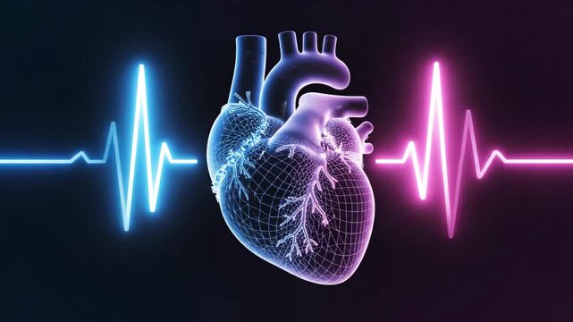 Animated human heart with a pulsing neon ECG heartbeat. Vertical video of a futuristic wireframe organ for medical and health concepts