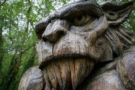 Mythical Grendel: Ancient Wooden Sculpture of a Daemon at Beowulf and Grendel Trail, West Stow Country Park, Suffolk UK