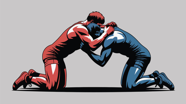 Two wrestlers in red and blue singlets grappling on their knees in a stylized illustration