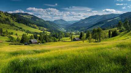 Idyllic mountain landscape with rolling green hills and scattered houses