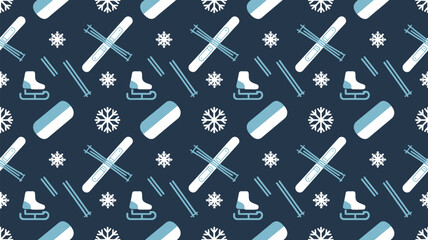 A seamless pattern featuring winter sports equipment and snowflakes on a dark blue background design concept