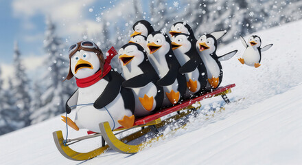 Funny penguins sledding down snowy hill