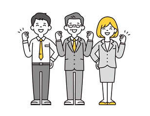 笑顔で頑張る・応援する、経営者と若い男性と女性の従業員の全身ベクターイラスト素材セット