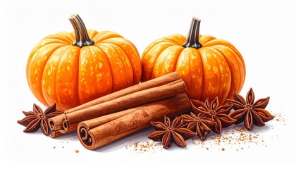 Pumpkin with cinnamon sticks, star anise, and cloves arranged for autumn-themed editorial food photography seasonal design and poetic flavor-inspired visuals