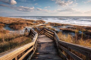 Fototapeta premium Picturesque Pathway to the Atlantic Ocean Beach at Huntington State Park, SC: Scenic Boardwalk Over Sand Dunes in Evening Light