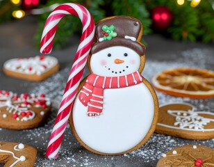 snowman shaped gingerbread cookie decorated with white icing. Christmas cookies