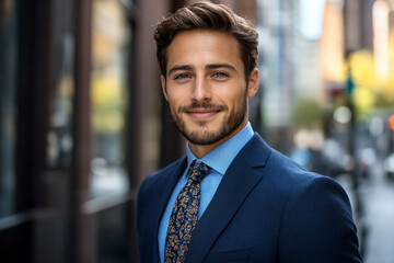 Fototapeta premium Generative AI portrait of a confident businessman in a suit with a serious expression, leadership and authority