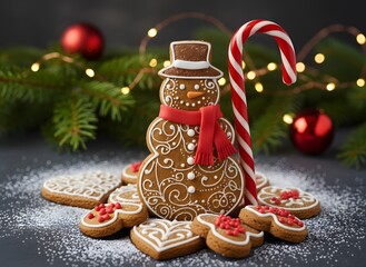 snowman shaped gingerbread cookie decorated with white icing. Christmas cookies
