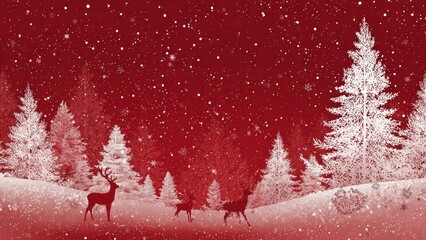 Snowy forest with reindeer silhouette and snowflakes on red background