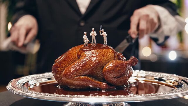 Tiny chefs stand atop a glistening roast chicken, orchestrating its carving on an elegant silver platter, while a formally dressed person wields the knife