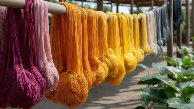 Colorful dyed yarn hanging outdoors for drying on wooden rods