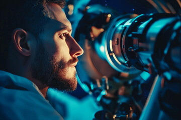 Scientist working with telescope during astronomy and space research project at night using generative ai
