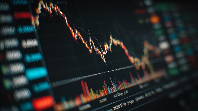 Financial Market Chart Showing Bearish Trend with Detailed Candlestick Patterns and Colorful Volume Indicators in a Trading Interface Display