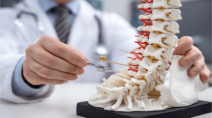 A medical professional examines a detailed spine model, illustrating vertebral anatomy and the relationship between various spinal components for educational purposes.
