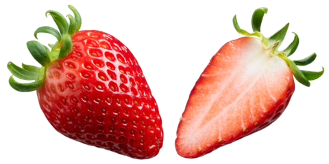 Whole and cut half ripe strawberry isolated