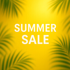 Square "SUMMER SALE" Banner with Blurry Palm Leaves Framing a Bright Yellow Background
