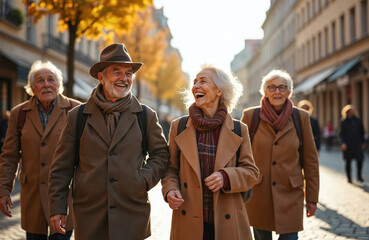 Group of diverse senior friends walks busy city street laughing, talking happily together. Wear fashionable warm coats, scarves in golden autumn. Cheerful couple enjoys bright sun showing active